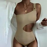 Bikini Solid Color One-Piece Swimsuit Female Sense Waistless One Shoulder Two-co