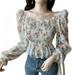 Women's Floral Print Slash Neck Blouses Fall New Arrival Sexy Sweet Long Sleeves Chiffon Shirts Tops