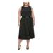 TOMMY HILFIGER Womens Black Pleated Belted Sleeveless Jewel Neck Midi Fit + Flare Wear To Work Dress Size 16W