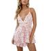 Women Deep V-Neck Floral Print Romper Layer Ruffle Hem Short Rompers with Belt Ladies Summer Boho Floral Printed Playsuit