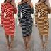 Womens Long Sleeve Bodycon Midi Dress Off Shoulder Evening Party Stripes Dresses S-2XL