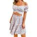 Listenwind Two Piece Outfits for Women Off Shoulder Floral Smocked Ruched Crop Top and Mini Skirt Summer Boho Beach Set