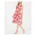 CALVIN KLEIN Womens Pink Belted Printed Sleeveless V Neck Midi Fit + Flare Dress Size 12