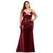 Ever-Pretty Women's V Neck Sequin Mermaid Long Prom Dress Sexy Plus Size Party Gowns 73392 Burgundy US22