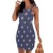 Sexy Dance Women Strappy Mini Dress Halter Neck Summer Sleeveless Bodycon Dress Wave Printed Sundress