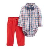 Carters Infant Boys Coral Plaid Flannel Button Up Shirt Bowtie & Jeans Outfit