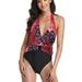 Women's One-piece Bathing Suits Halter Tummy Control Swimsuit, Backless Deep V Neck Monokini Swimwear Ruched Cure Swimsuit for Girls Pool Party Summer Bathing Suits,Red S-XL