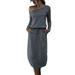 Womens Boho Casual Midi Long Sleeve Split Plain Long Dress with Pockets Loose Baggy Ladies Solid Color Wrap Dress