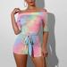 TANGNADE Clothing Women Fashion Short Sleeve Casual Tie-Dye Print Off Shoulder Playsuit Jumpsuits