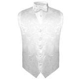 Men's Paisley Design Dress Vest & Bow Tie WHITE Color BOWTie Set for Suit Tuxedo