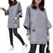 Zewfffr Plus Size Solid Color Dress Women Fake 2pcs Long Sleeve Dresses (Grey 3XL)