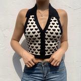 Women Y2K Halter Sleeveless Crop Sexy Halter Knit Crop Tank Heart Print Button Front Crop Tank