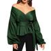 Women Casual Solid Color Shirt, V-Neck Long Sleeve Wrinkle Top, Off-shoulder Tunic Lace-up Clothing