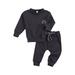 Owl's-Yard Baby Solid Color Clothes Set Long Sleeve O-Neck Tops+Drawstring Waist Long Pants Unisex 2Pcs Outfit CQh