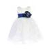 Lito Little Girls Ivory Satin Organza Royal Blue Sash Flower Girl Dress