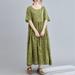 Meterk Women Cotton Linen Dress Vintage Print O-Neck Short Sleeve Pockets Loose Fit Casual Long Dress Robe