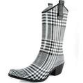 DailyShoes Cowboy Black White Plaid Prints High Heel Rain Boots, Black/White Lattice, size 11