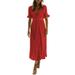 Avamo Summer Beach Dress for Lady Short Sleeve Plain Sundress V-neck Loose Dress Buttons Ruched Maxi Dress