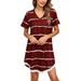 Summer Stripe Lace Trim Tunic Dress for Women Casual Loose Short Sleeve T-shirt Dress Beach Holiday Sun Dress