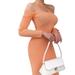 Women Slim Ribbed Dress, Adults Sexy Long Sleeve Boat Neck Off-the-shoulder One-piece