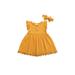 Wsevypo Baby Girl Solid Color Crew Neck Fly Sleeve Lace Dress Hairband Set