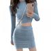 Women's O Neck Navel Exposed Long Sleeves T Shirt + Sexy Skirt Two-Piece Set