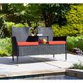 Red Barrel Studio® Margueriette Outdoor Conversation Loveseat w/ Built-in Table For Garden 3 Piece Rattan Seating Group w/ Cushions redWood | Wayfair