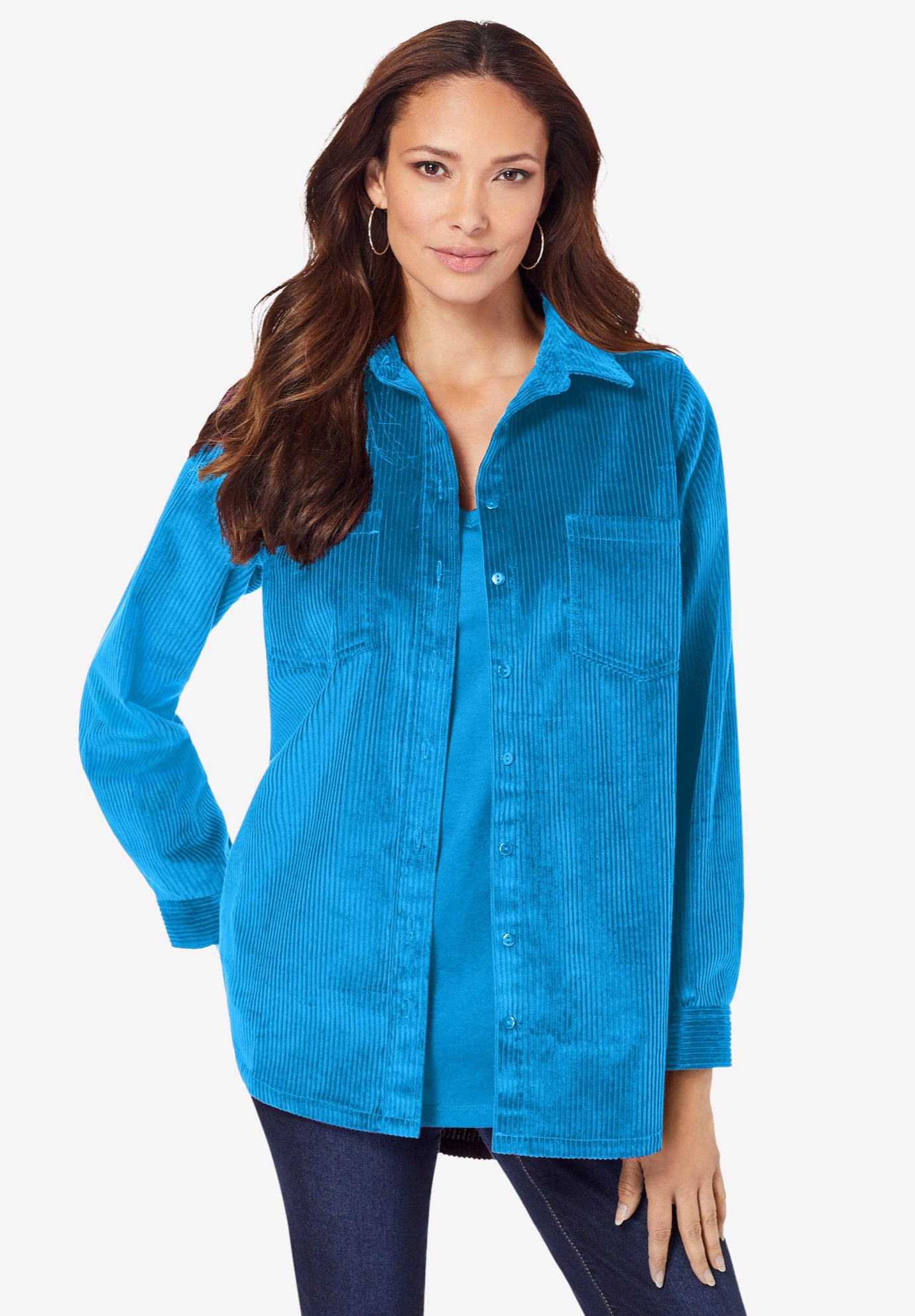 Plus Size Women's Corduroy Button-Front Shirt by Roaman's in Iris Blue (Size 14 W) Button Down