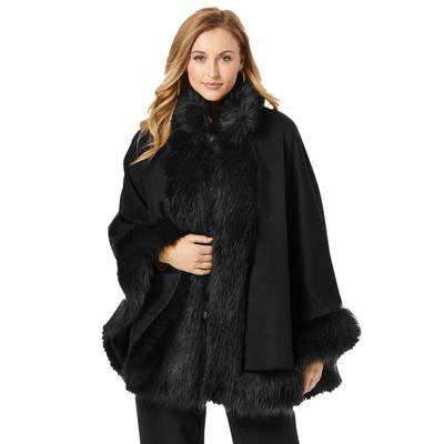 Plus Size Women's Faux Fur Trim Wool Cape by Jessica London in Black (Size 22/24) Wool Poncho Hook and Eye Closure