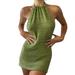 Famyfamy Green Backless Mini Dress Women Off Shoulder Sleeveless Halter Neck Beach Dress ,2021 Summer Party Sexy Knit Dress