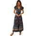 Roliyen Summer Dress for Women Bohemian Floral Printed Wrap O Neck Short Sleeve Split Beach Party Maxi Dress