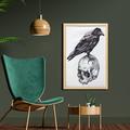 East Urban Home Scary Movies Theme Crow Bird Sitting on a Human Old Skull Sketchy - Picture Frame Drawing Print on Fabric Fabric in Gray | Wayfair