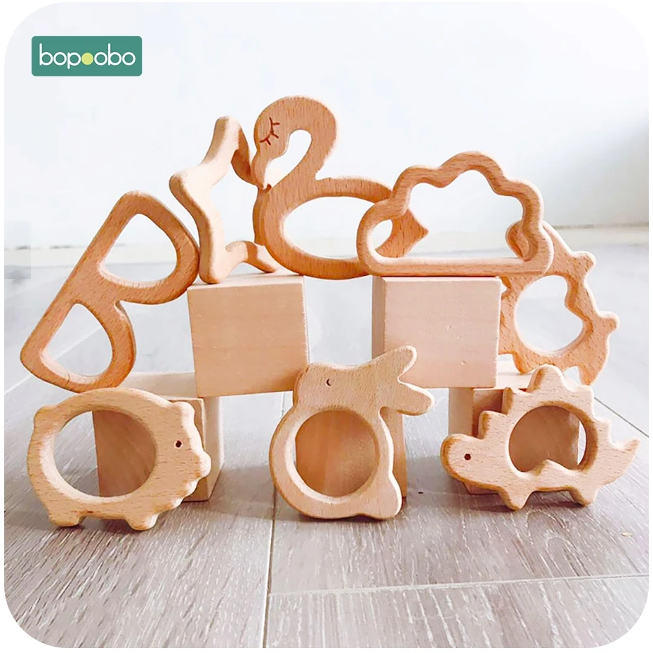 Bopoobo 1pc bébé jouets en bois anneau de dentition Animal dentition pour nouveau-né jouer Gym accessoires bricolage pendentif à croquer minuscule canne à dents