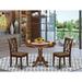 East West Furniture 3 Piece Dining Furniture Set- a Kitchen Table with Pedestal and 2 Linen Fabric Upholstered Chairs, Mahogany