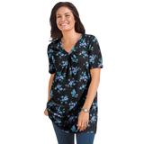 Plus Size Women's Perfect Printed Short-Sleeve Shirred V-Neck Tunic by Woman Within in Blue Rose Ditsy Bouquet (Size 1X)