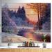 Designart 'Christmas forest with river' Landscapes Painting Print on Natural Pine Wood - White