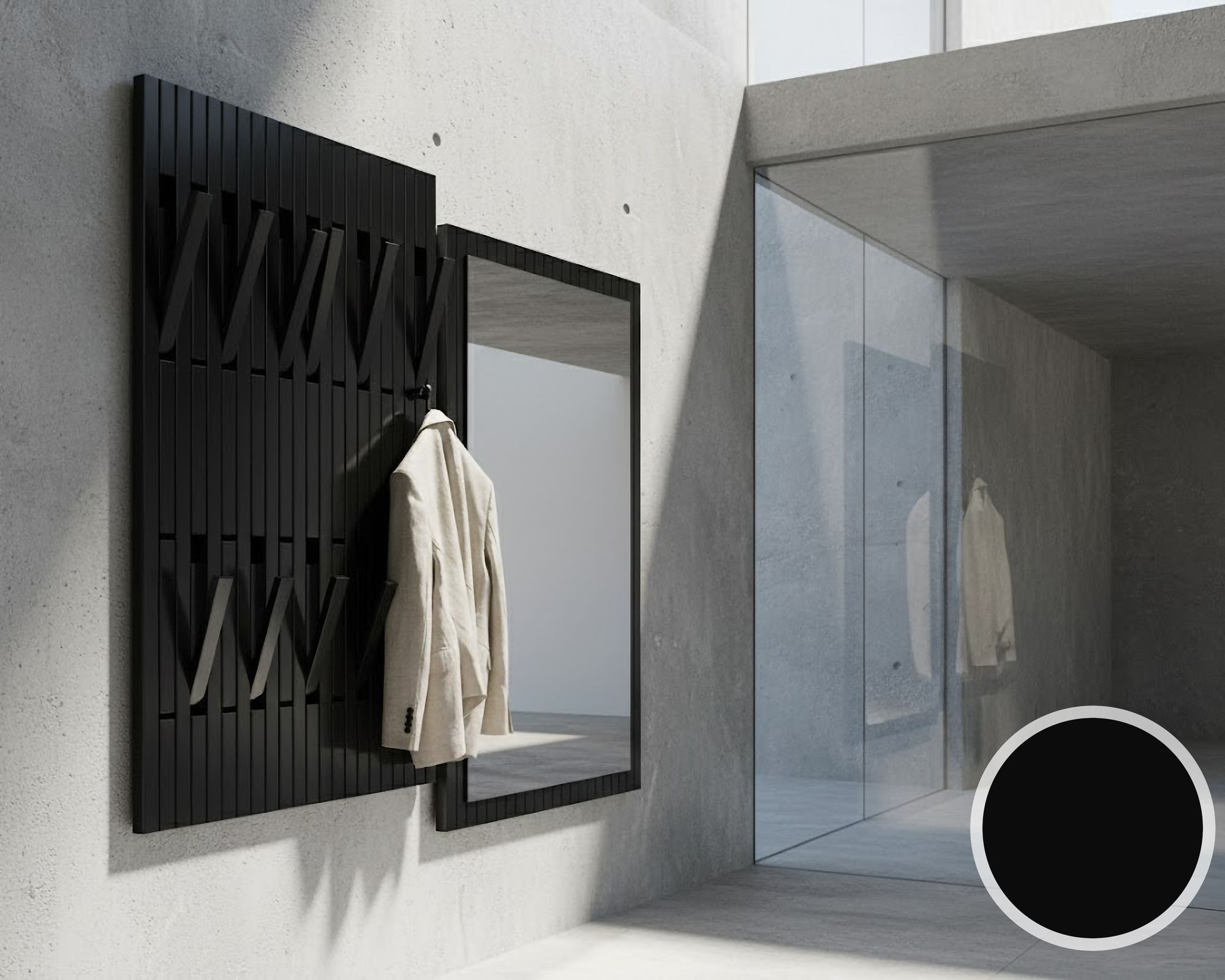 BlackWood »Piaforte schwarz« Massivholz Design-Garderobe Spiegel / Schwarz lackiert / 33 cm