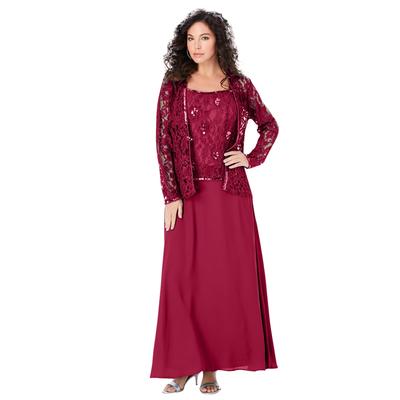Plus Size Women's Beaded Lace Jacket Dress by Roaman's in Rich Burgundy (Size 28 W)