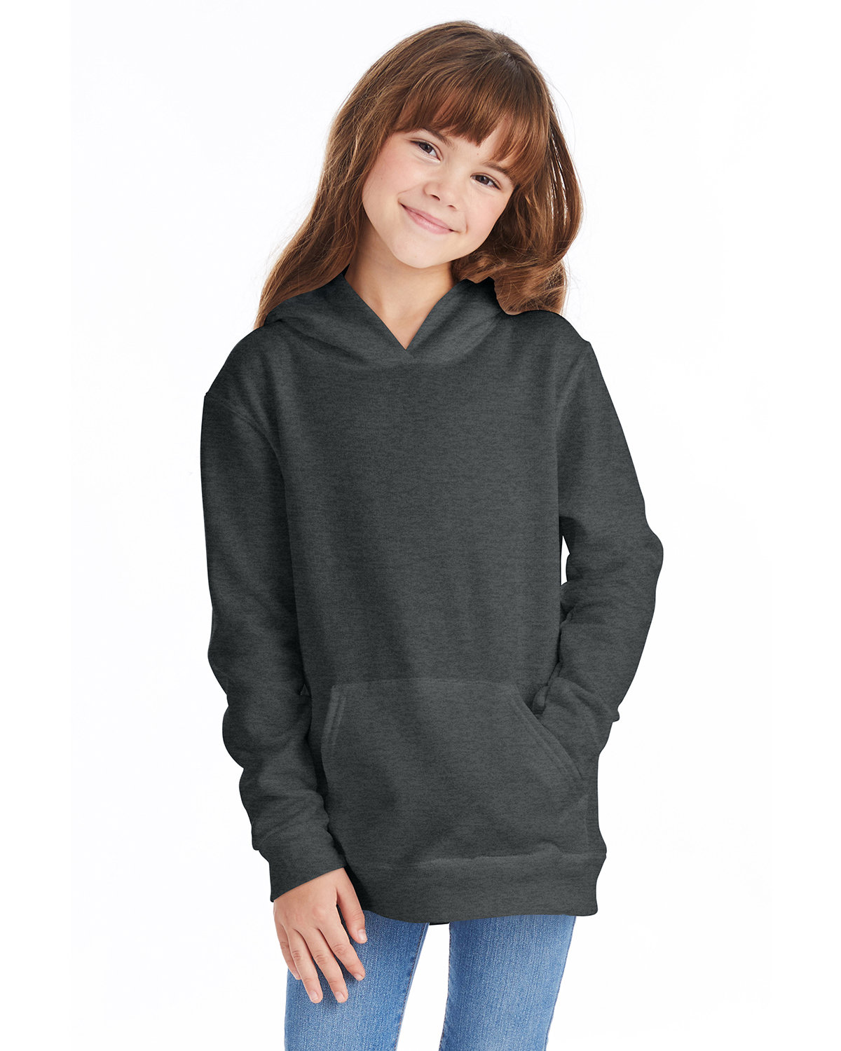 Hanes P473 Youth EcoSmart Pullover Hooded Sweatshirt in Charcoal Heather size XL | Cotton Polyester P470
