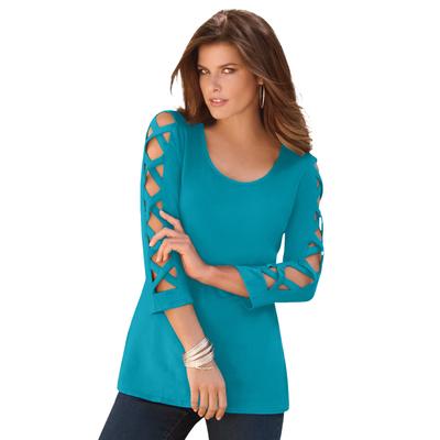 Plus Size Women's Lattice Sleeve Ultimate Tee by Roaman's in Deep Turquoise (Size 34/36) Shirt