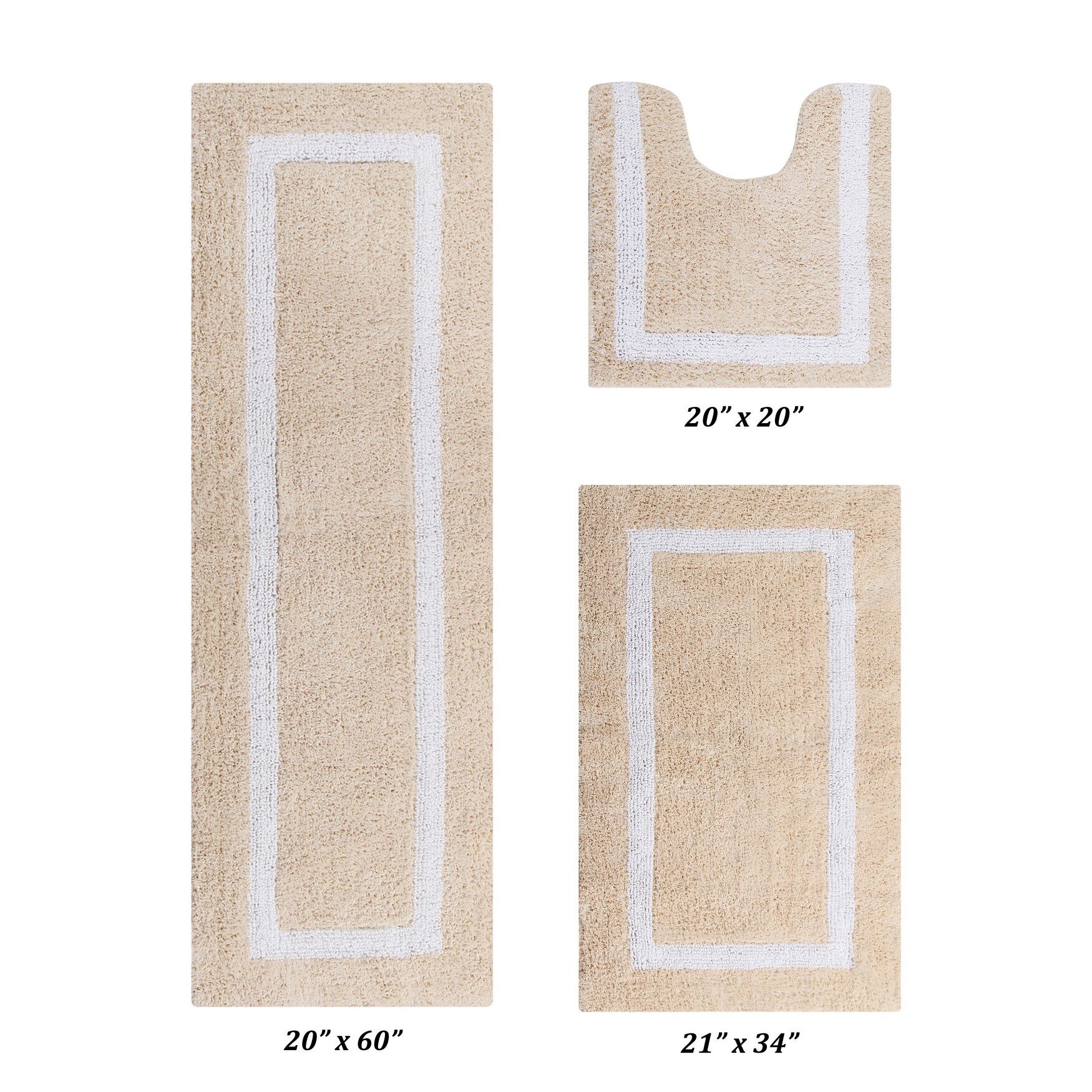Hotel Collectionis Bath Mat Rug 3 Piece Set (20" x 20" | 21" x 34" | 20" x 60") by Better Trends in Sand White