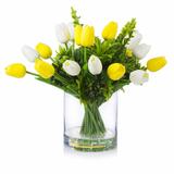 Enova Home Mixed Artificial Real Touch Tulips Fake Silk Flowers Arrangement in Clear Glass Vase for Home Office Decoration - N/A