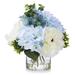 Enova Home Artificial Mixed Silk Peony and Hydrangea Fake Flowers Arrangement in Clear Glass Vase for Home Decor (Cream Blue)