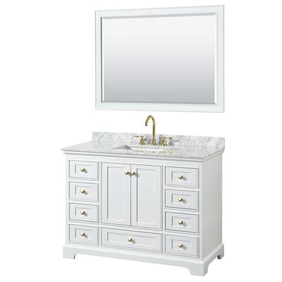 Deborah 48 Inch Single Bathroom Vanity in White, White Carrara Marble Countertop, Undermount Square Sink, Brushed Gold Trim, 46 Inch Mirror - Wyndham WCS202048SWGCMUNSM46