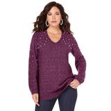 Plus Size Women's Embellished Pullover Sweater with Blouson Sleeves by Roaman's in Dark Berry (Size 34/36)