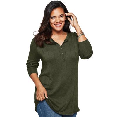 Plus Size Women's Fine Gauge Drop Needle Henley Sw...