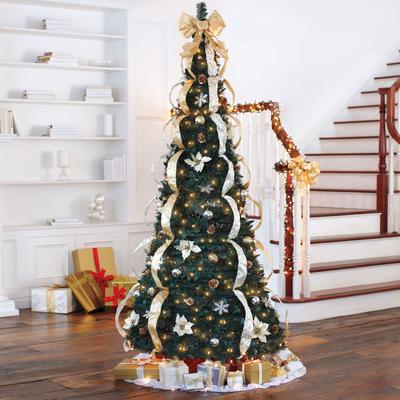 Fully Decorated Pre-Lit 7' Pop-Up Christmas Tree by BrylaneHome in Silver Gold