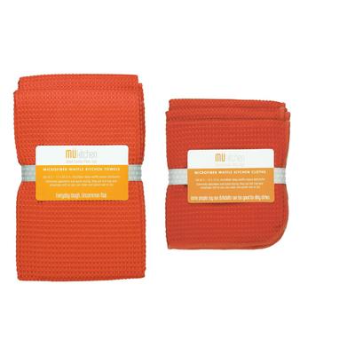 Microfiber Waffle Cloth & Towel 5pc Set by Mu Kitchen in Coral