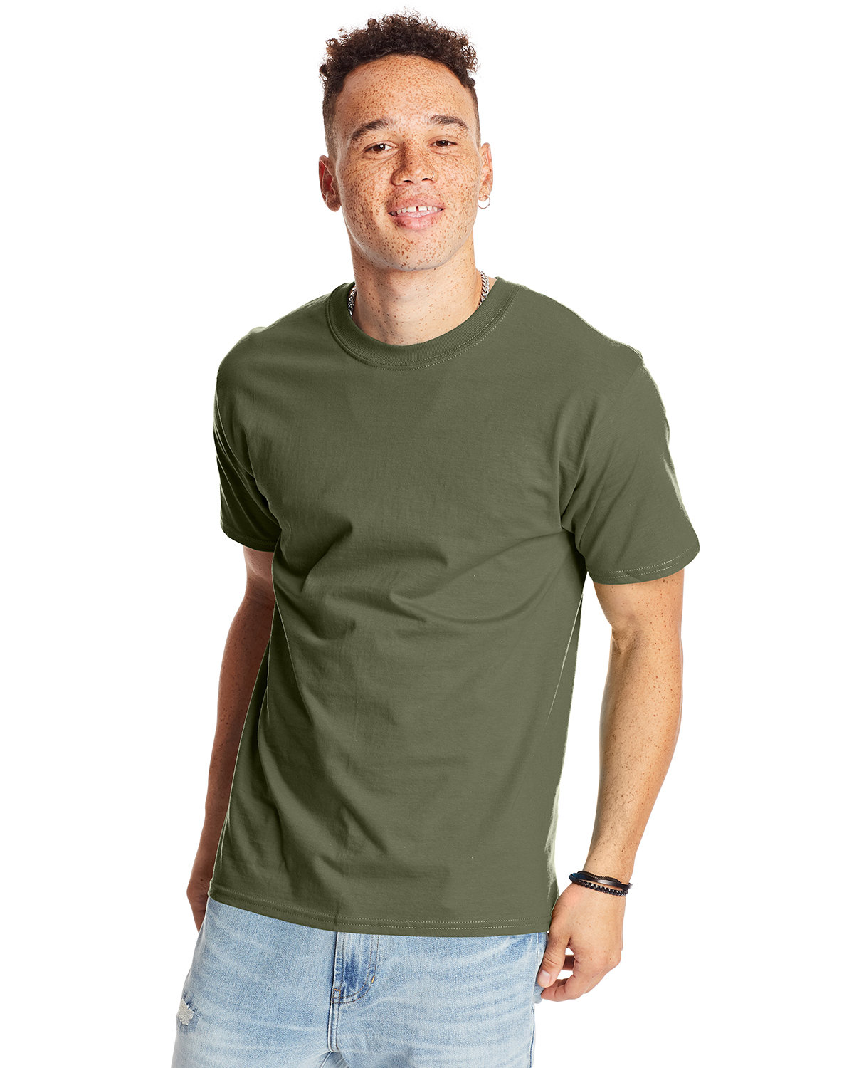 Hanes 5180 Beefy-T-Shirt - Cotton T-Shirt in Fatigue Green size 5XL | Ringspun