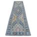 Shahbanu Rugs Hand Knotted Denim Blue Geometric Anatolian Village Inspired Oushak Pure Wool Wide Runner Oriental Rug(3'0"x12'0")